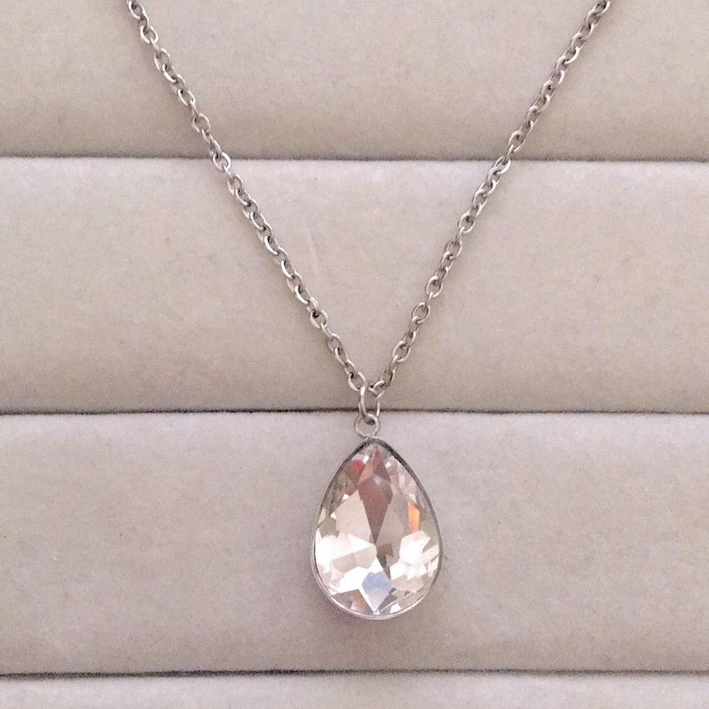 Classic Clear Diamond Crystal Pear Drop Pendant Necklace